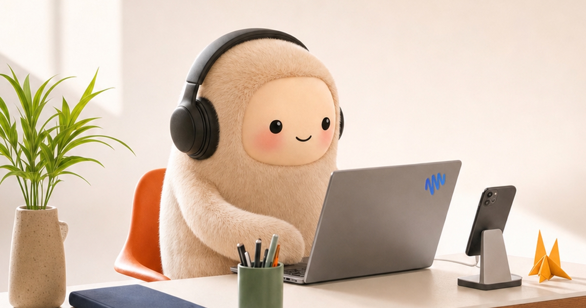 Friendly AI learning companion working at a laptop
